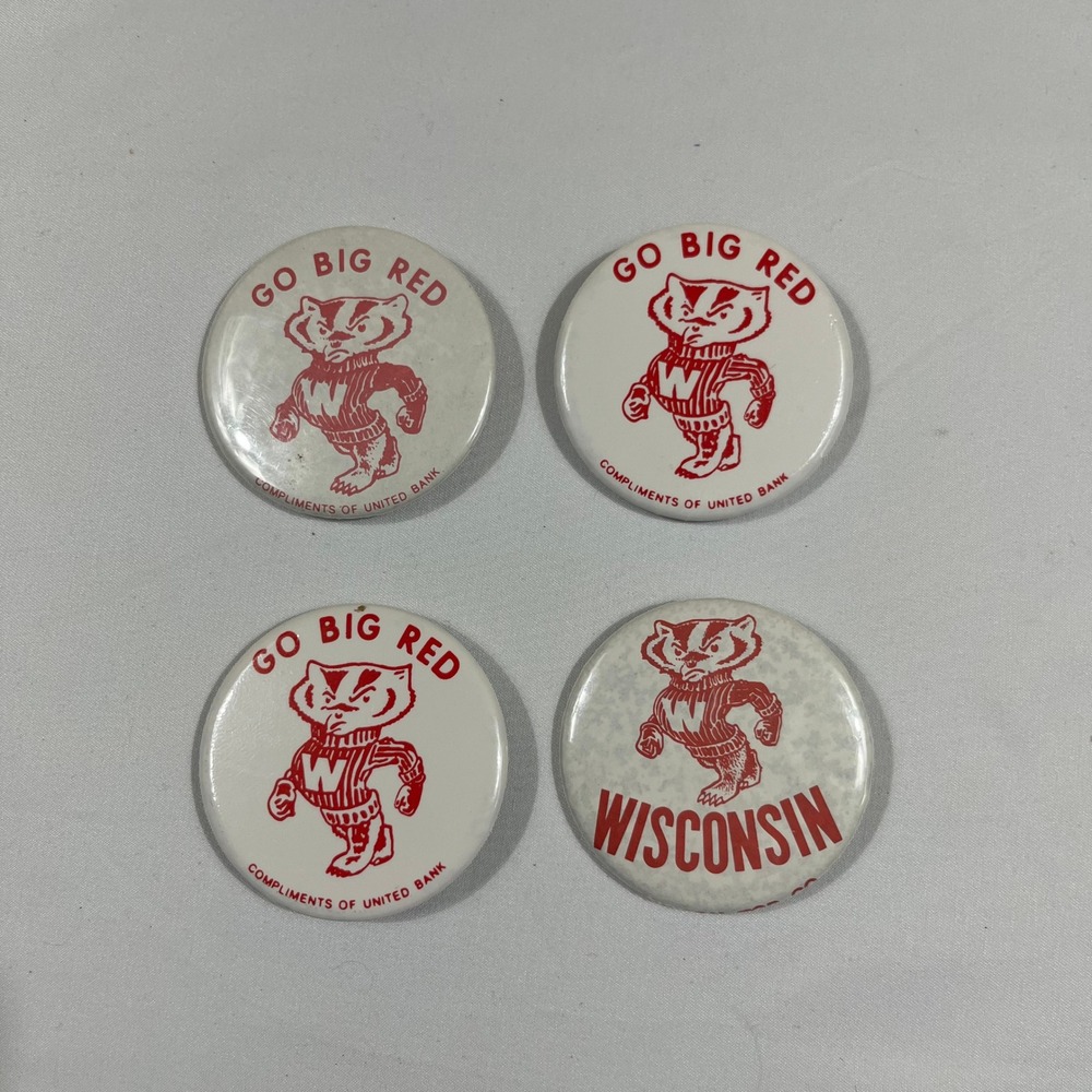 University of Wisconsin Bucky Badger Pinback Button Set White Red Vintage
